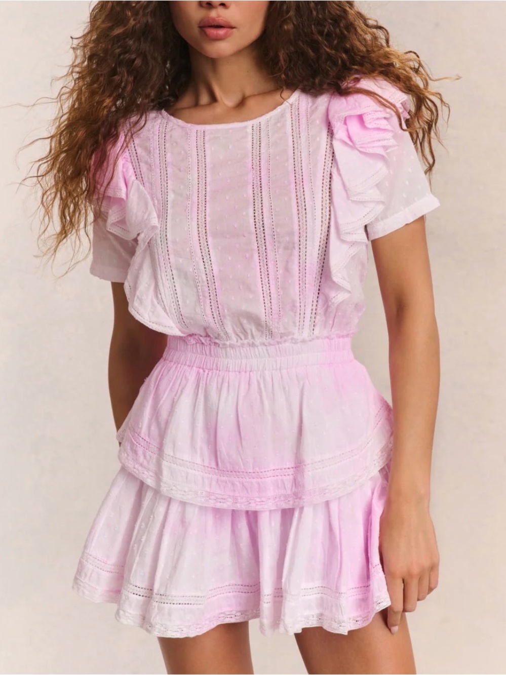 LoveShackFancy Light Pink tie die Ruffled Cotton Mini Dress